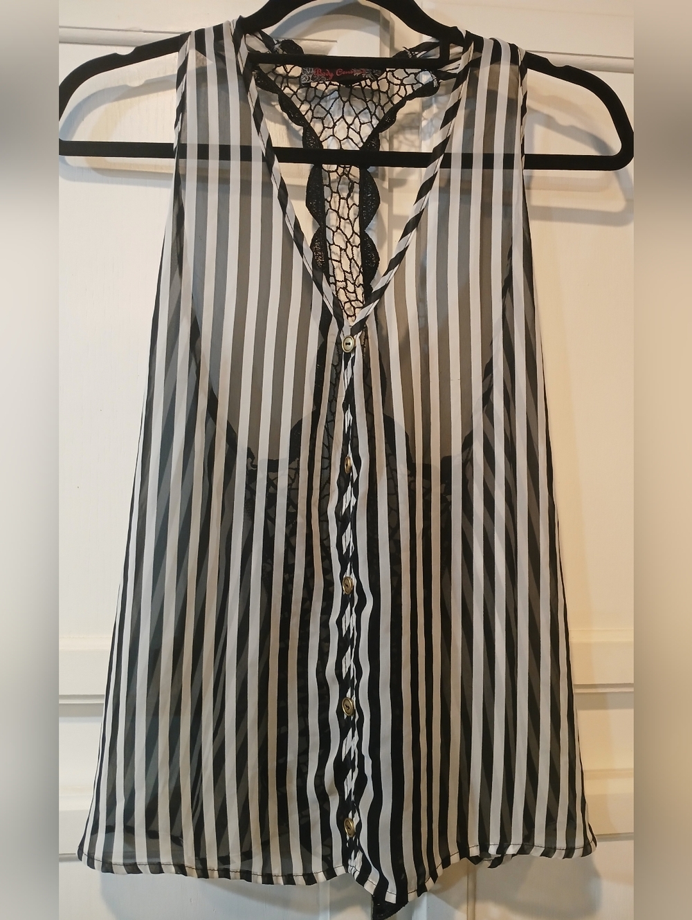 Body Central Striped, Sleeveless,  Crocheted Back, Sheer Button-Front Top M